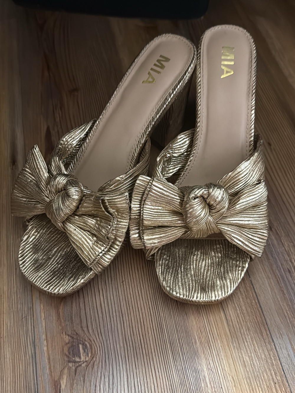 MIA Metallic Gold Knotted Bow Slide Heels